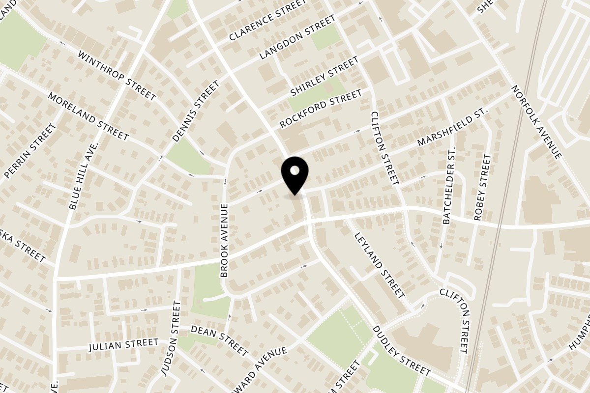Map showing the location of Backwoods Pizza on 539 Dudley St in Roxbury
